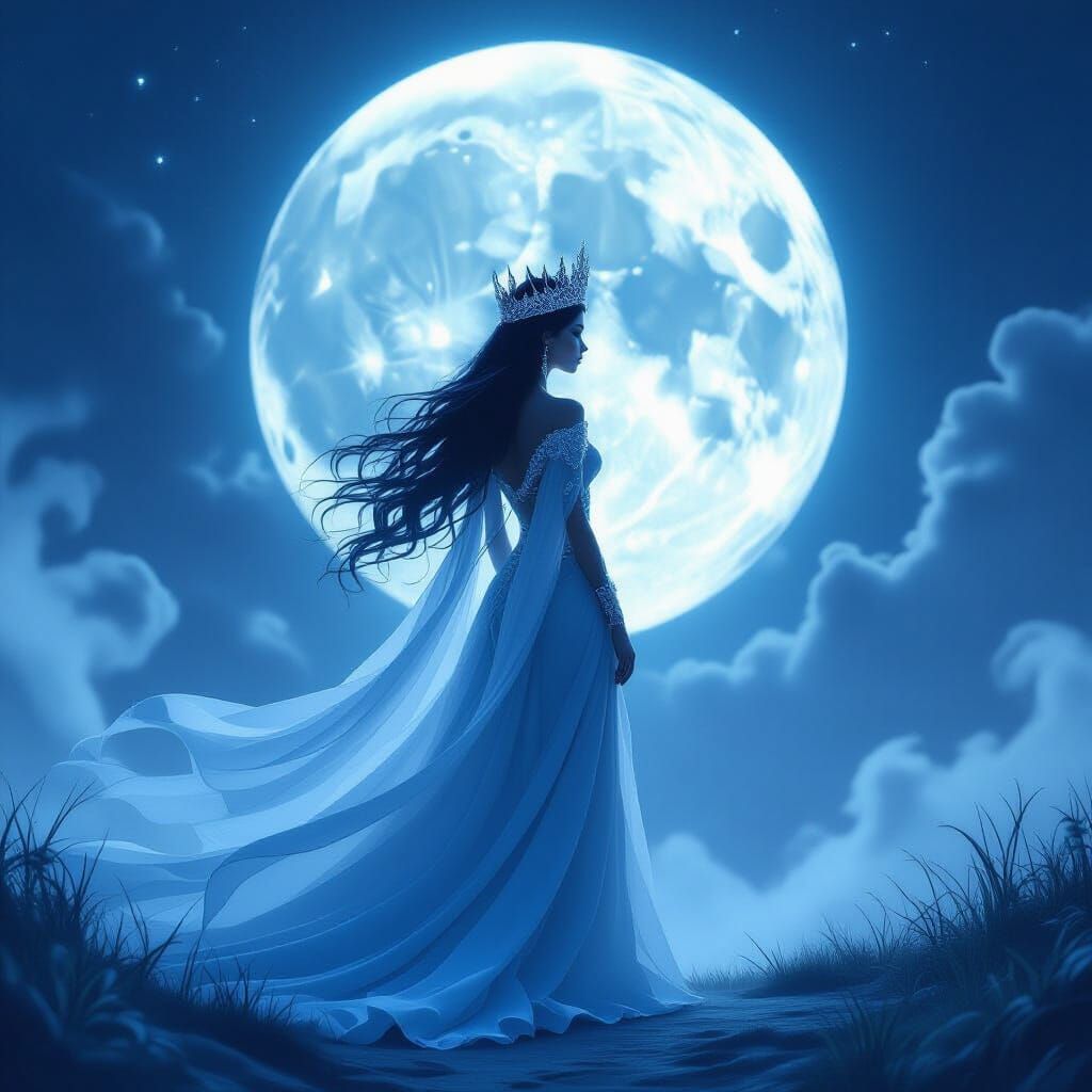 Mysterious Queen Under Full Moon in Ethereal Fantasy Art