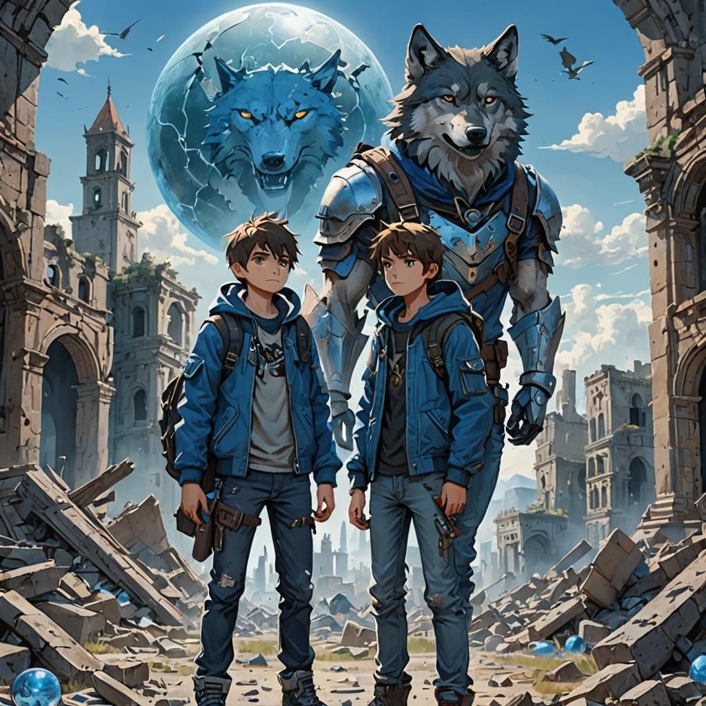 Boys and Wolves in Ruined Cityscape