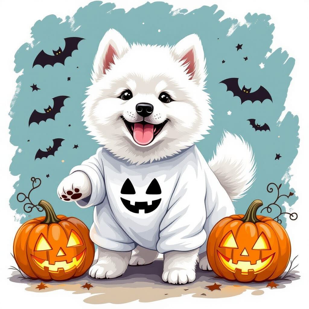 Samoyed Puppy as Ghost in Halloween Scene
