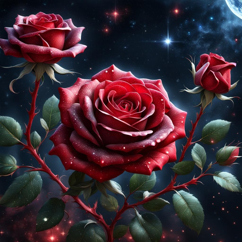 Crystal Red Rose Against Starry Background