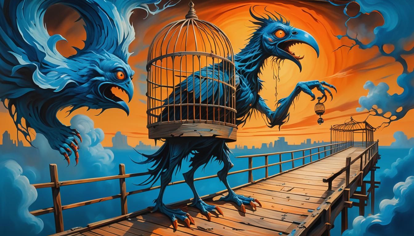 Surreal Demon on Twisted Bridge: Oil Painting