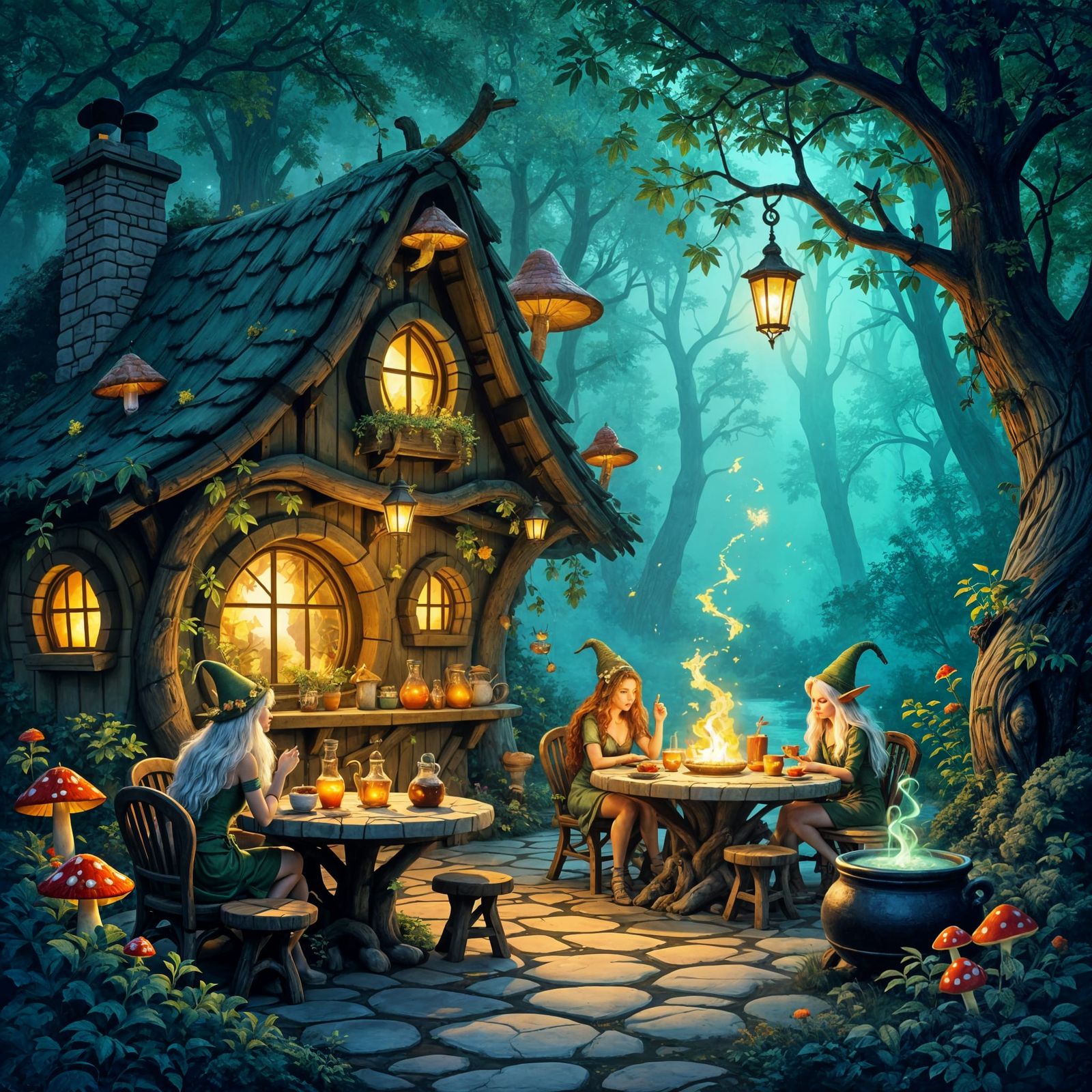 Enchanted Woodland Cafe With Fae and Sprites