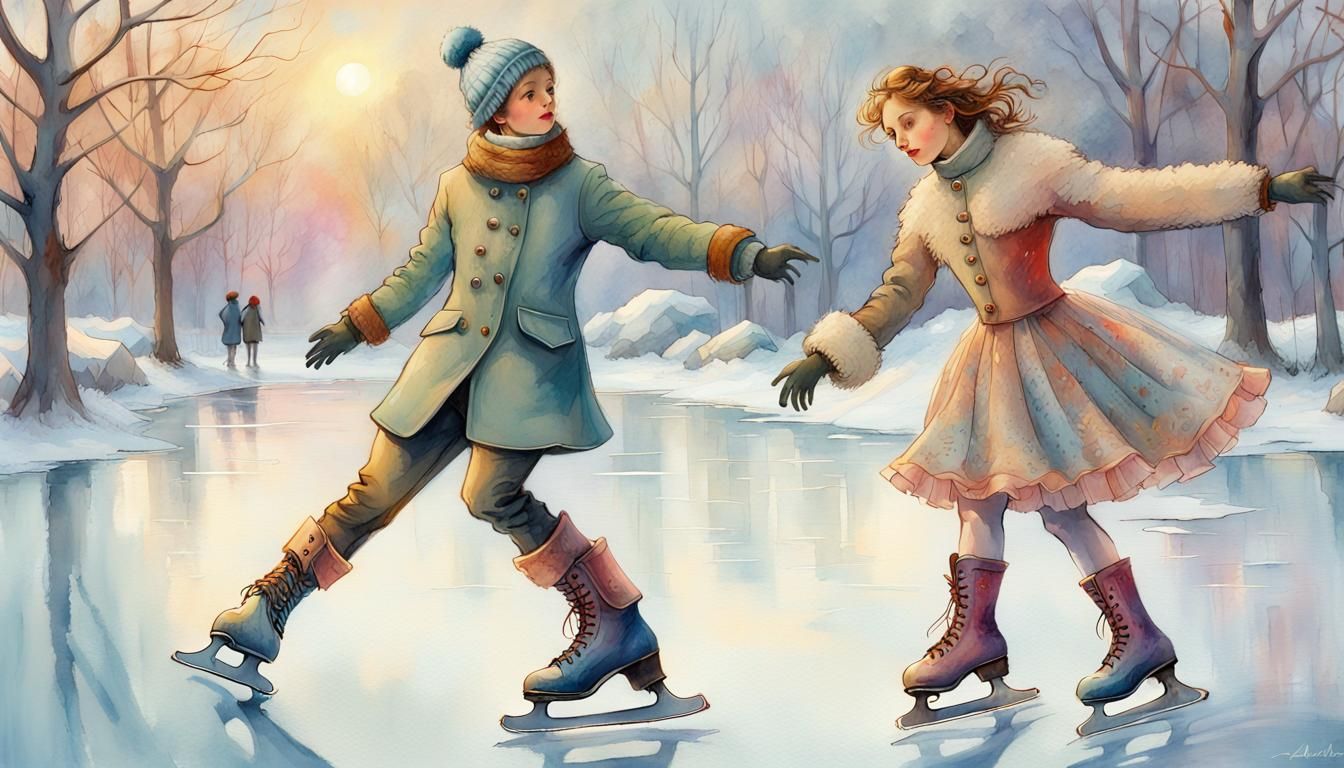 Fairies Ice Skating in Watercolor Fantasy Style