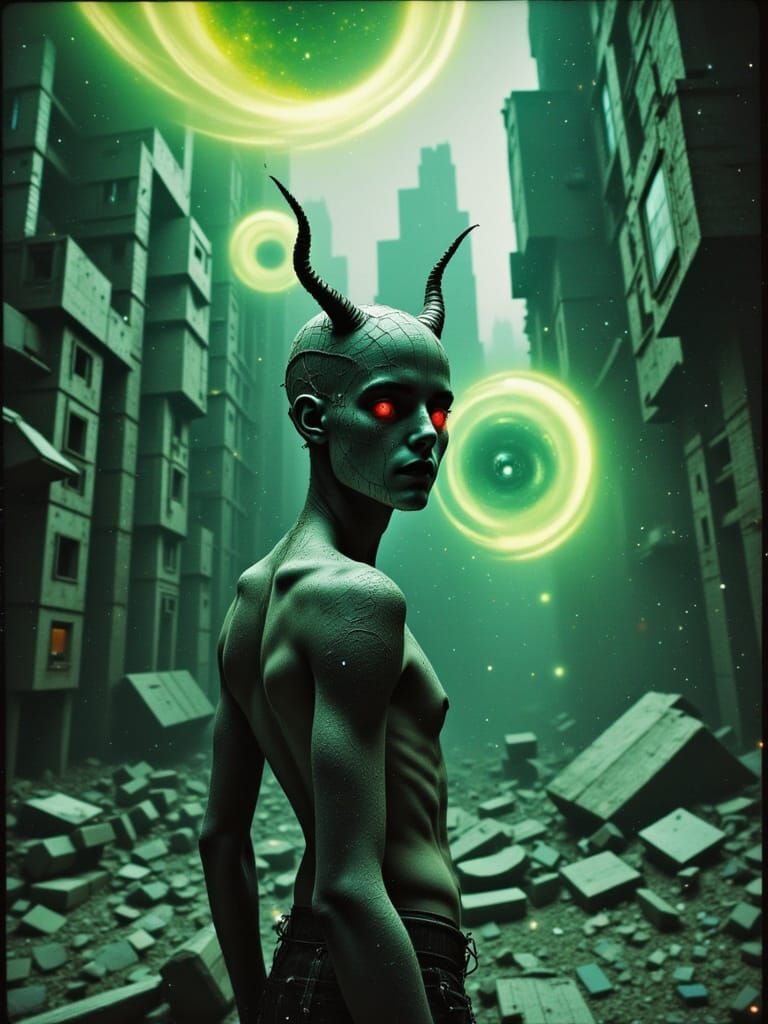 Glitching Android Demon in Brutalist Alien City