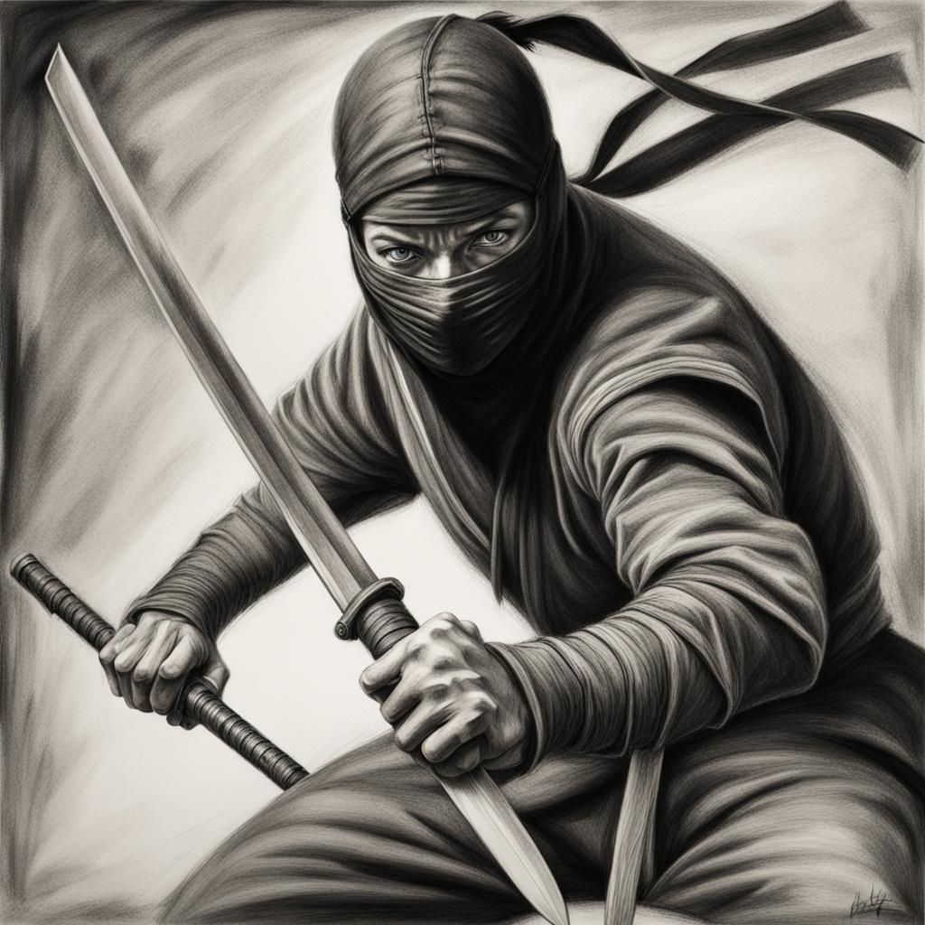 Dynamic Ninja Fight in Detailed Charcoal Style