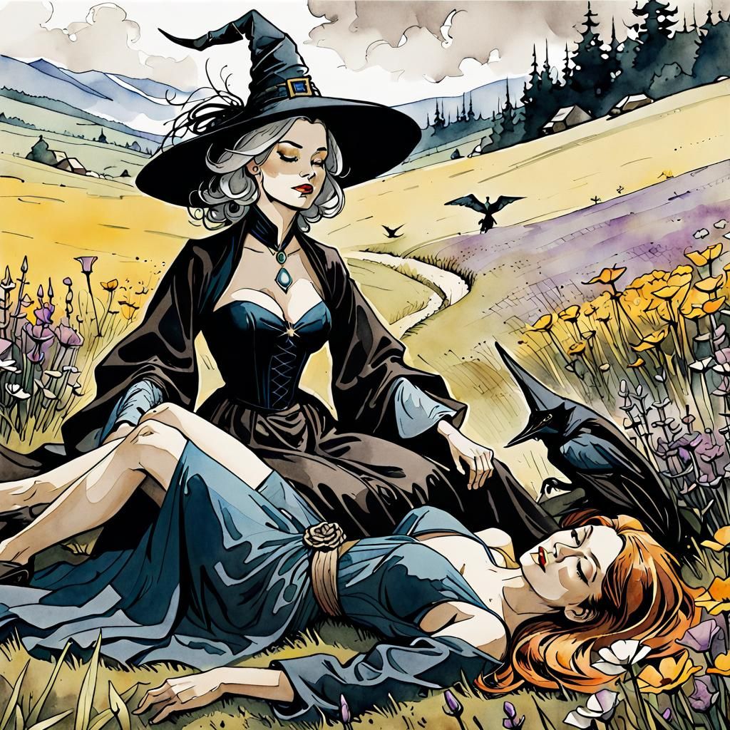 Wiccan Witches Lounging in a Flower Meadow