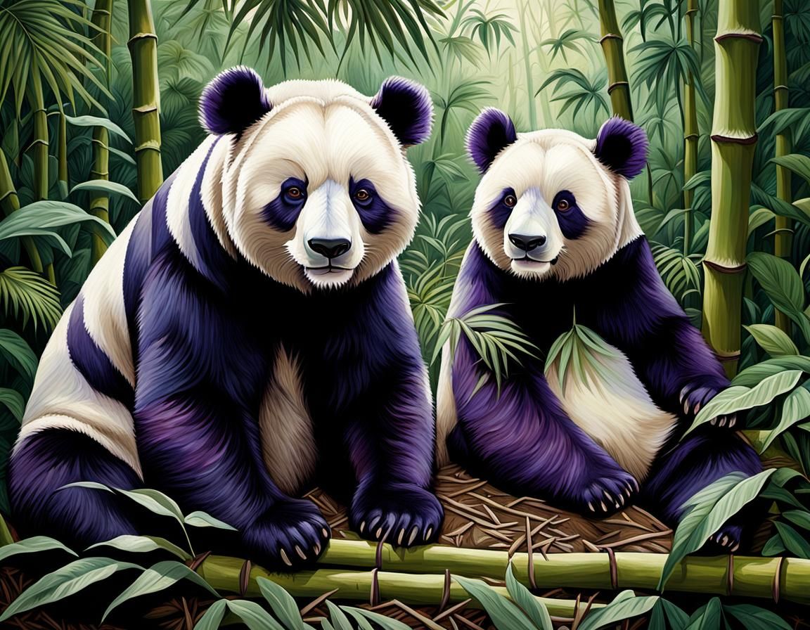 two white and purple panda bears are planting bamboo in a tr...