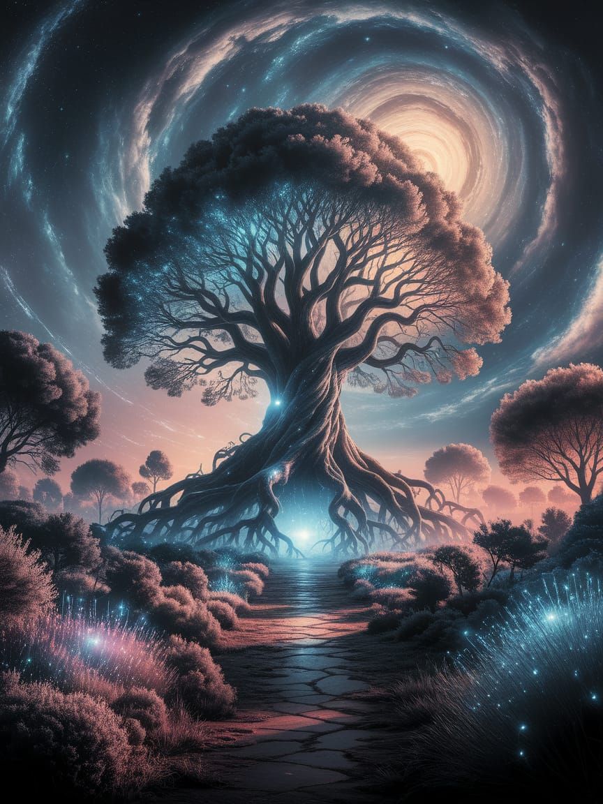 Ancient Bioluminescent Tree in Cosmic Garden