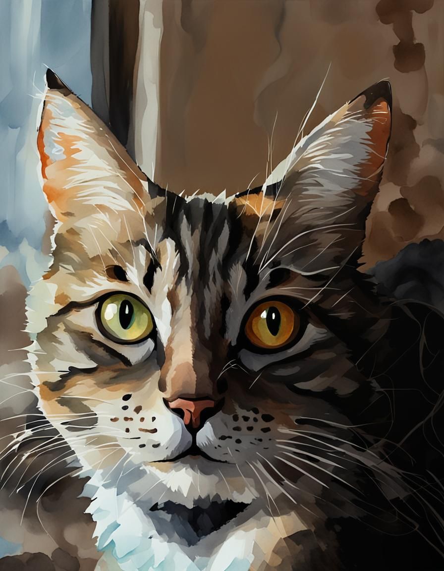 Watercolor Portrait of Tabby Cat with Butterfly