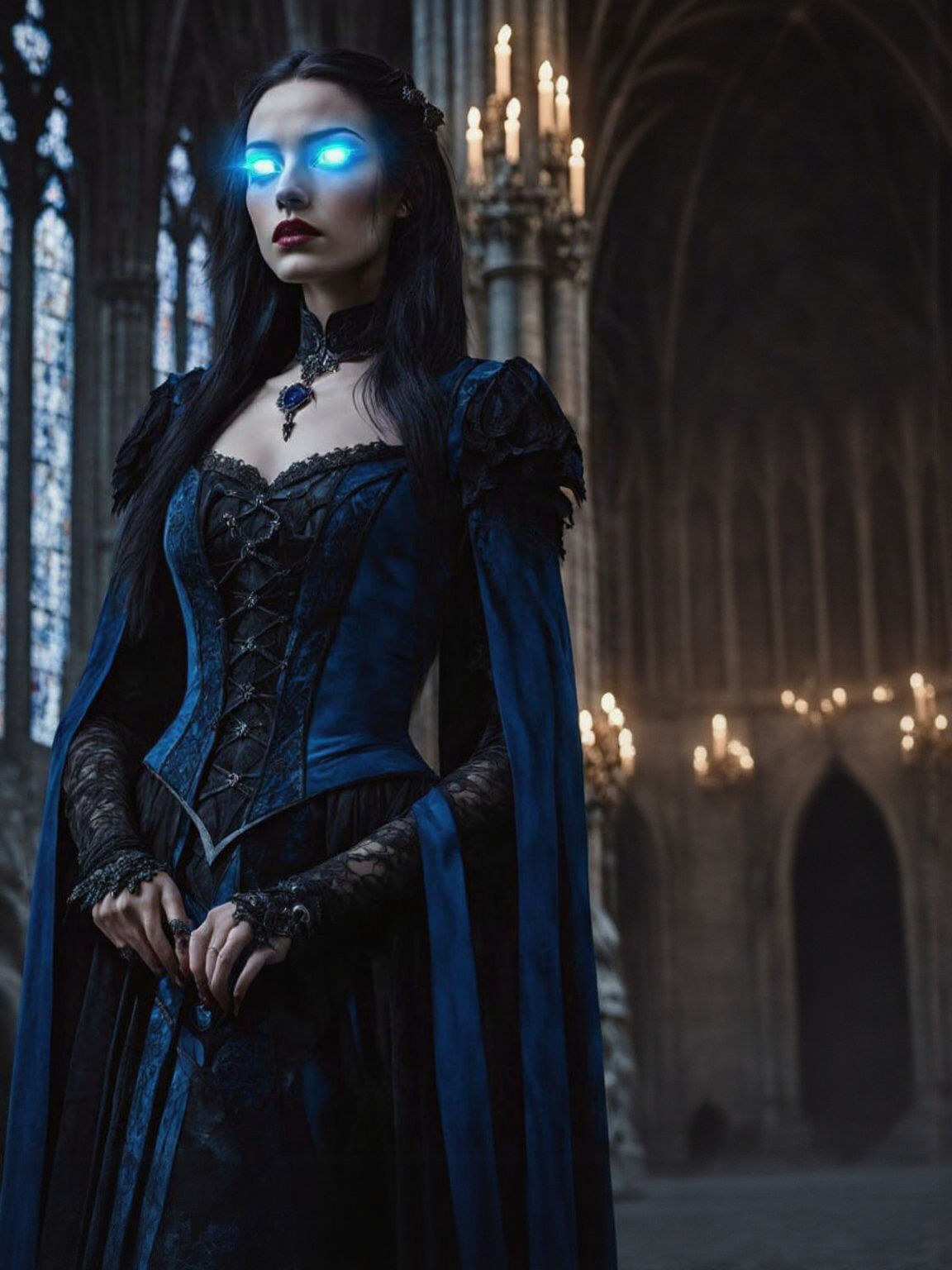 Vampire in Gothic Ruins with Glowing Blue Eyes