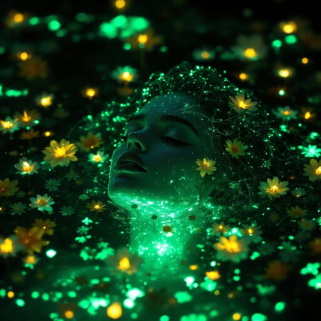 Emerald Goddess Submerged in Bioluminescent Lake