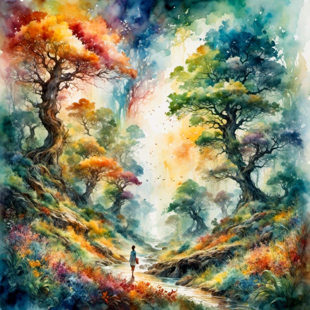 Rainbow Forest Landscape in Oil Painting Style