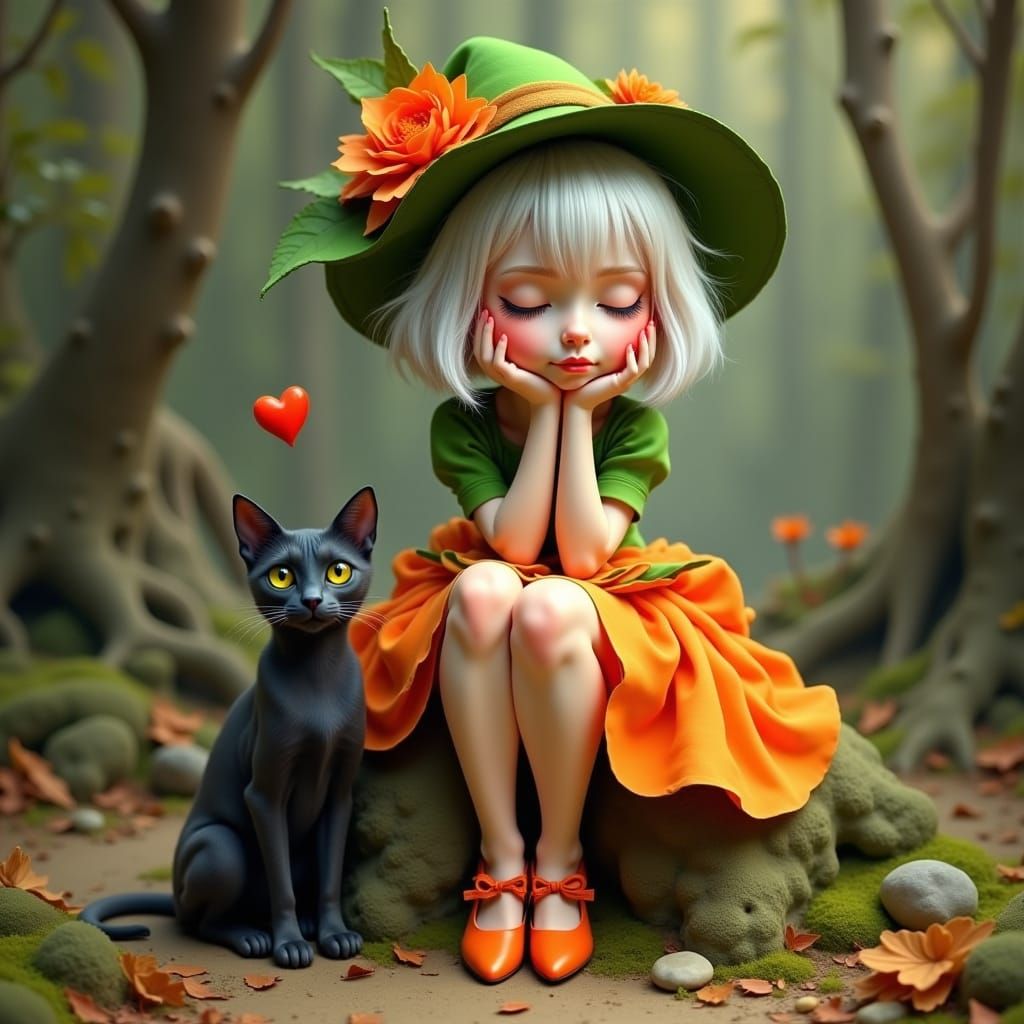 Girl in Green and Orange with Black Cat