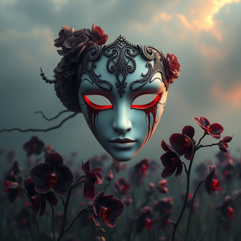Porcelain Mask Weeping Over Black Orchid Field