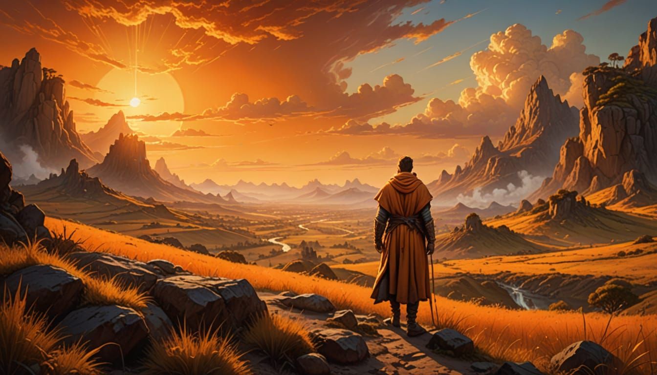 Mystical Figure in Orange Fantasy Landscape