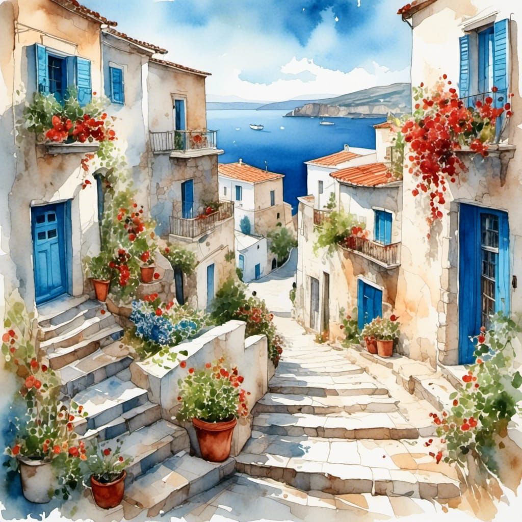 Picturesque Greek Island Street Scene in Impasto Style