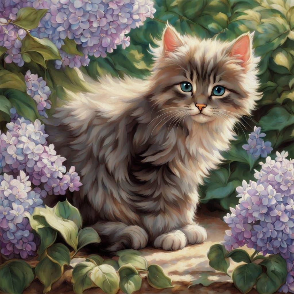 Whimsical Kitten Amidst Vibrant Lilacs in a Romantic Artisti...