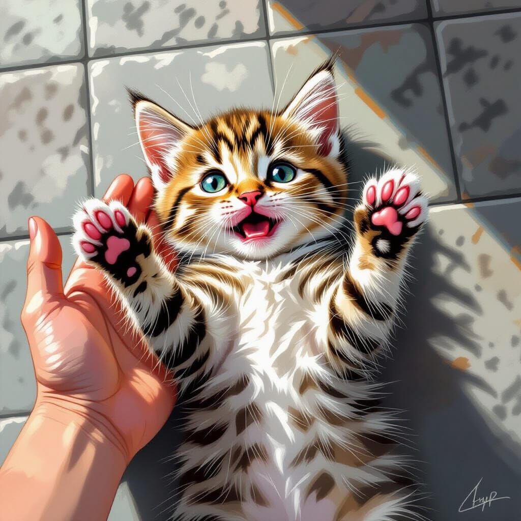 Startled Kitten in Hyperrealistic Style on Gray Tile