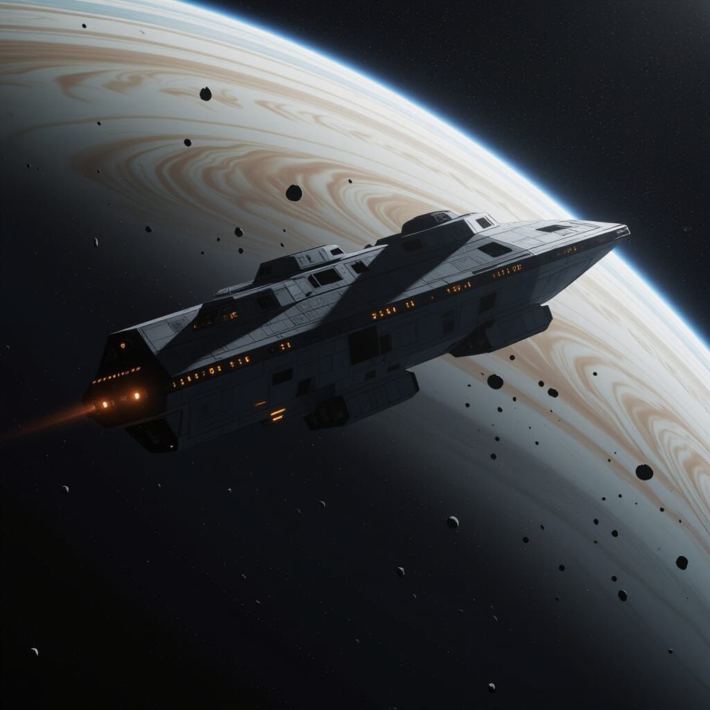 Black Spaceship Leaving Orbit to Escape Debris Field