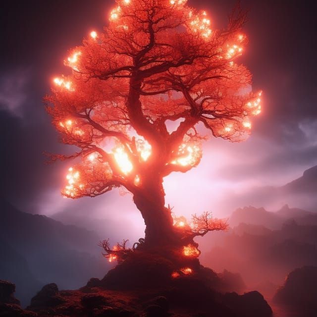 Magical Tree Ablaze: Hyperrealistic Digital Art