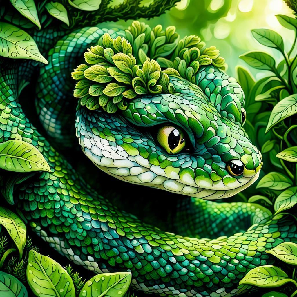 Moss Scaled Snake in Whimsical Fantasy Style