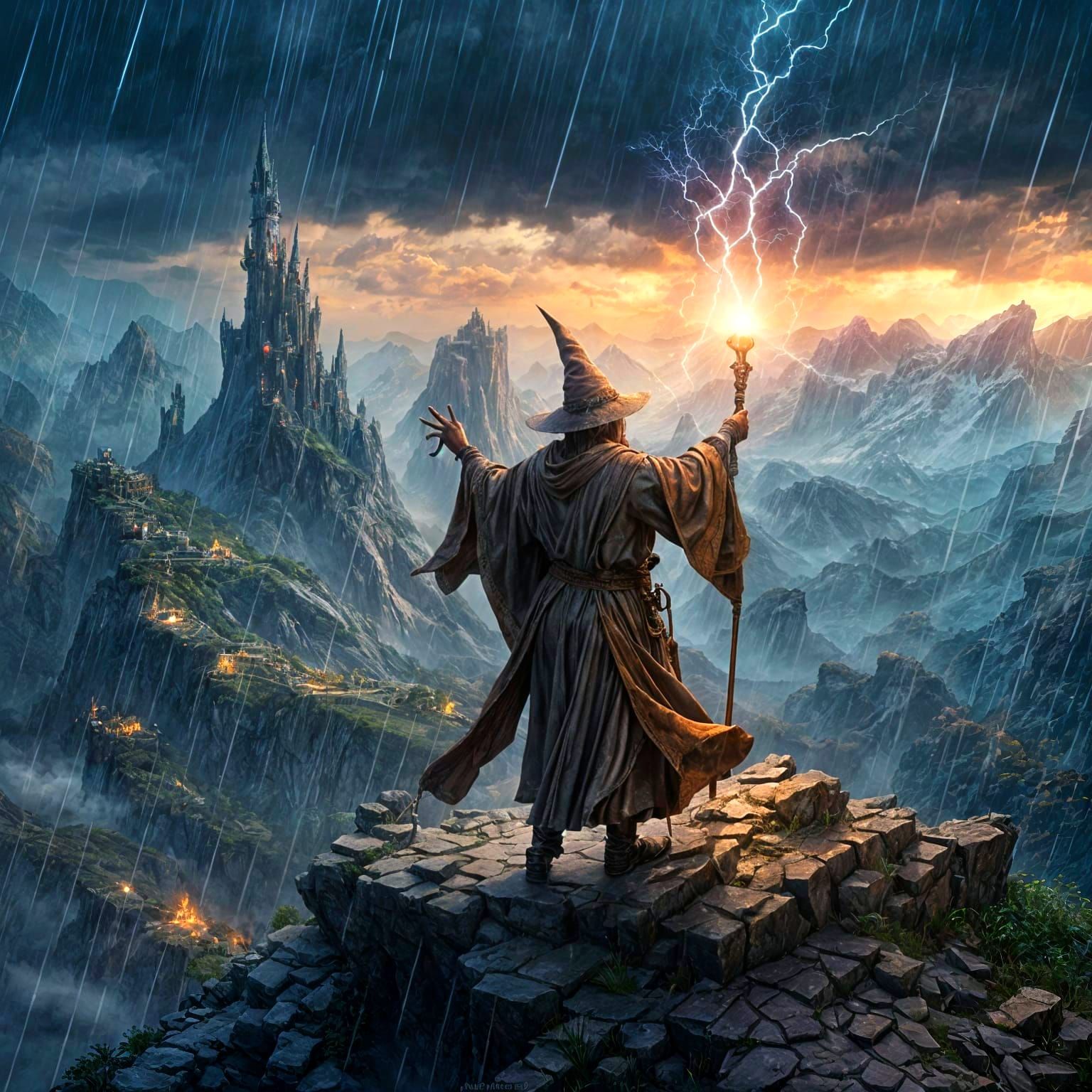 Wizard Battle on Mountaintop in the Rain