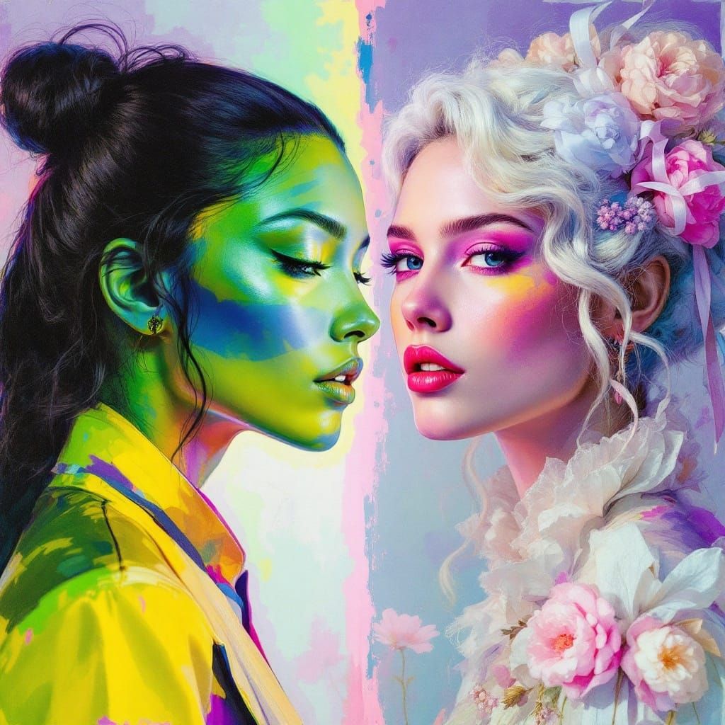 Neon Goddess Meets Rococo Serenity in Vibrant Color Clash