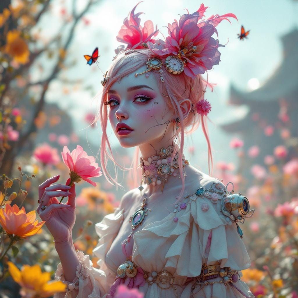 Surreal Character with Cybernetic Enhancements in Ethereal D...