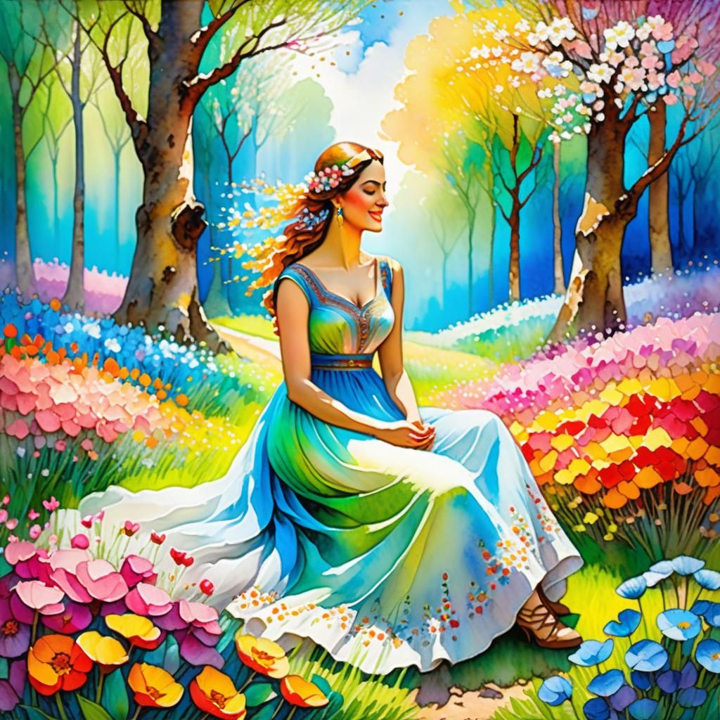 Spring Woman in Watercolor Flower Garden