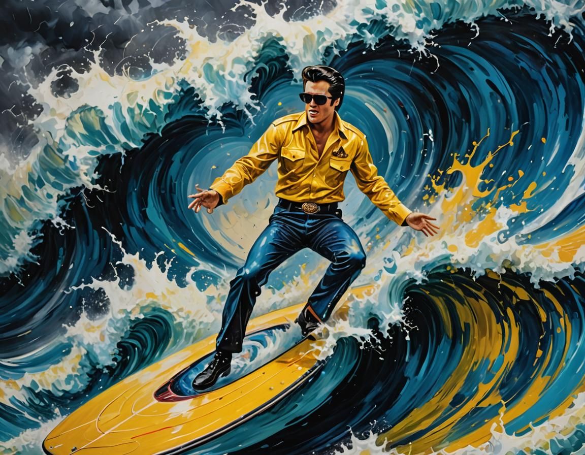 Elvis Surfing Tsunami in Abstract Expressionism Style