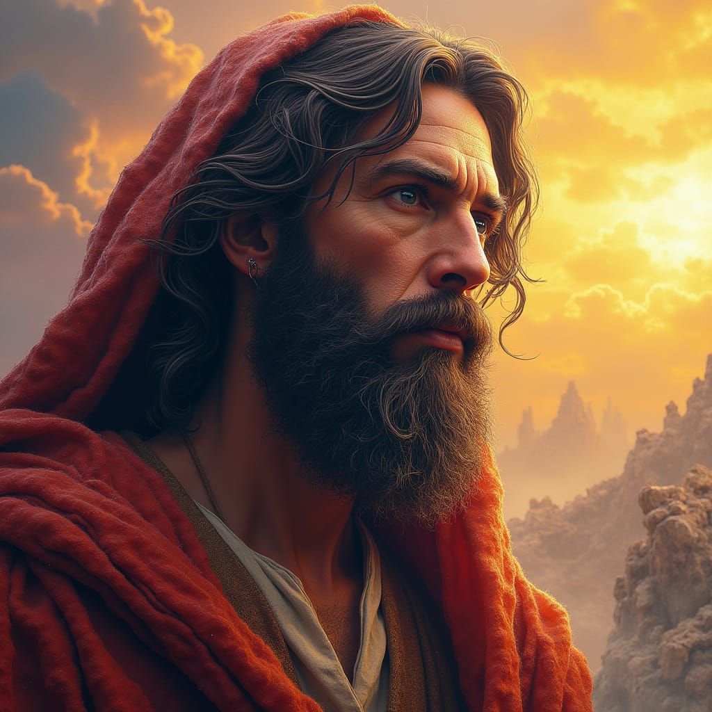 Hyperrealistic Biblical Figure in Vibrant Landscape