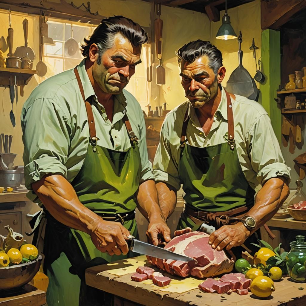 Butcher Teaching Apprentice: Frazetta-Style Oil Painting