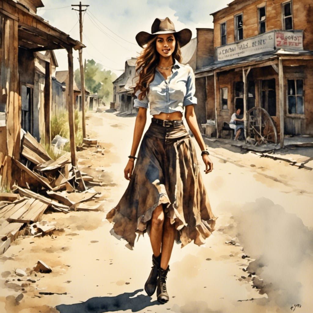 Wild Cowgirl in Frontier Town as Antique Watercolor