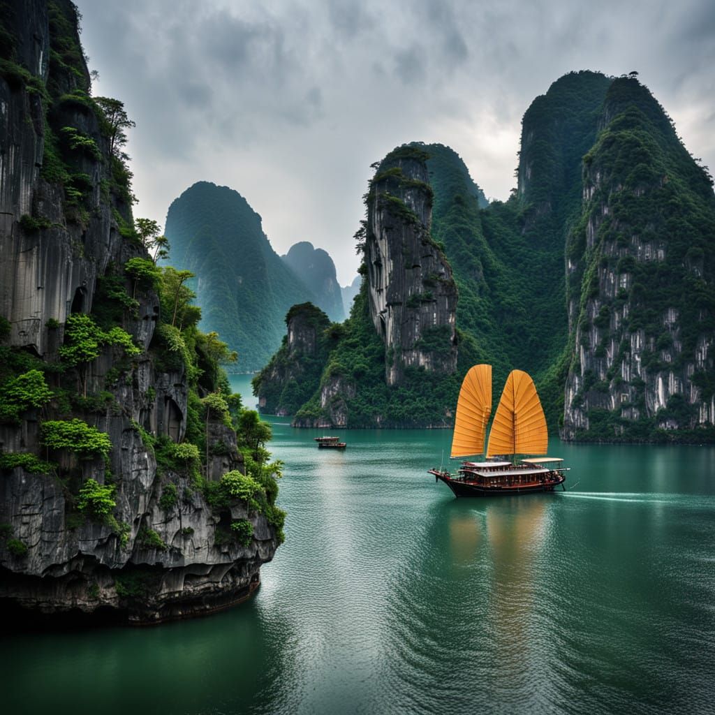 Limestone Mountains Rise from Ha Long Bay's Emerald Waters