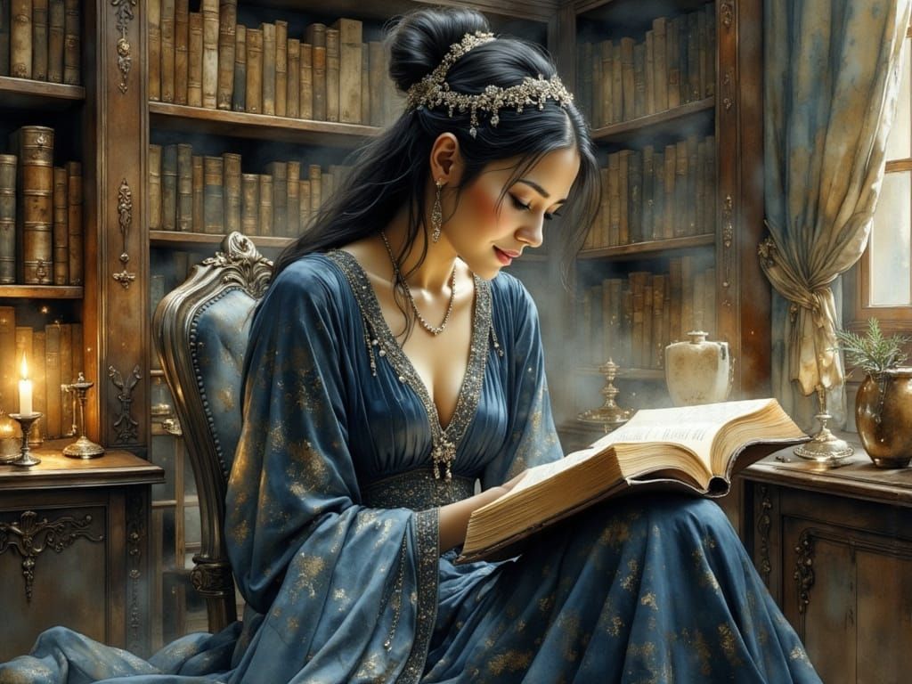 Gray Queen in Secret Library, Watercolor Painting