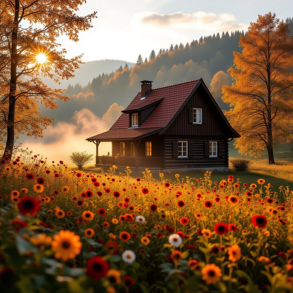 Cozy Autumn House in Soft Sunlight with Fog
