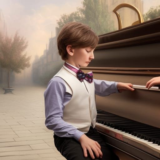 European Boy Plays Street Piano, Detailed Digital Painting