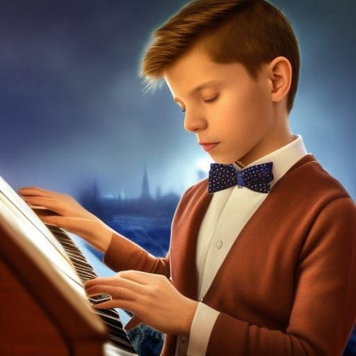 Boy Plays Piano: Detailed Matte Painting