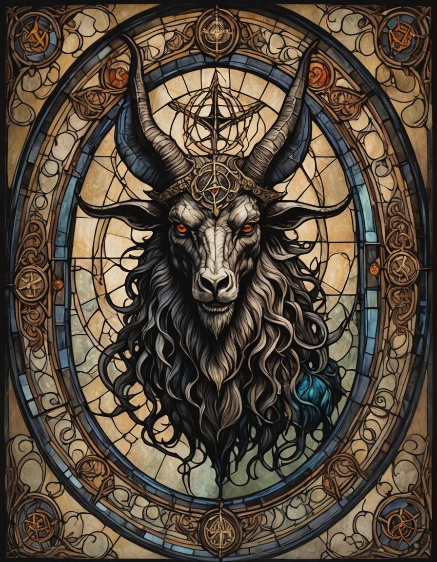 Gothic Baphomet Stained Glass in Oil Painting Style