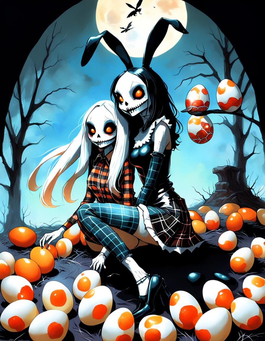 Evil Skeletal Bunny Twins Laying Easter Eggs