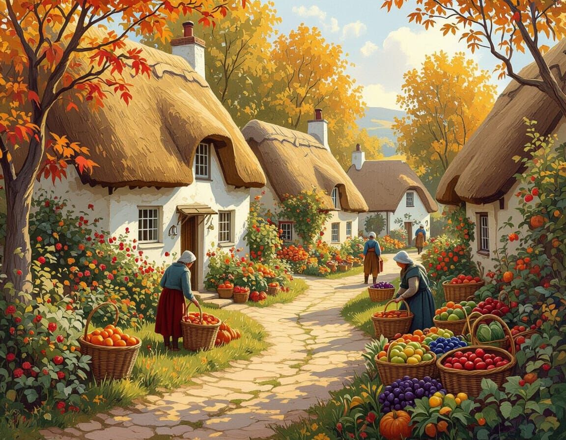 Celtic Village Harvest in Impressionistic Style
