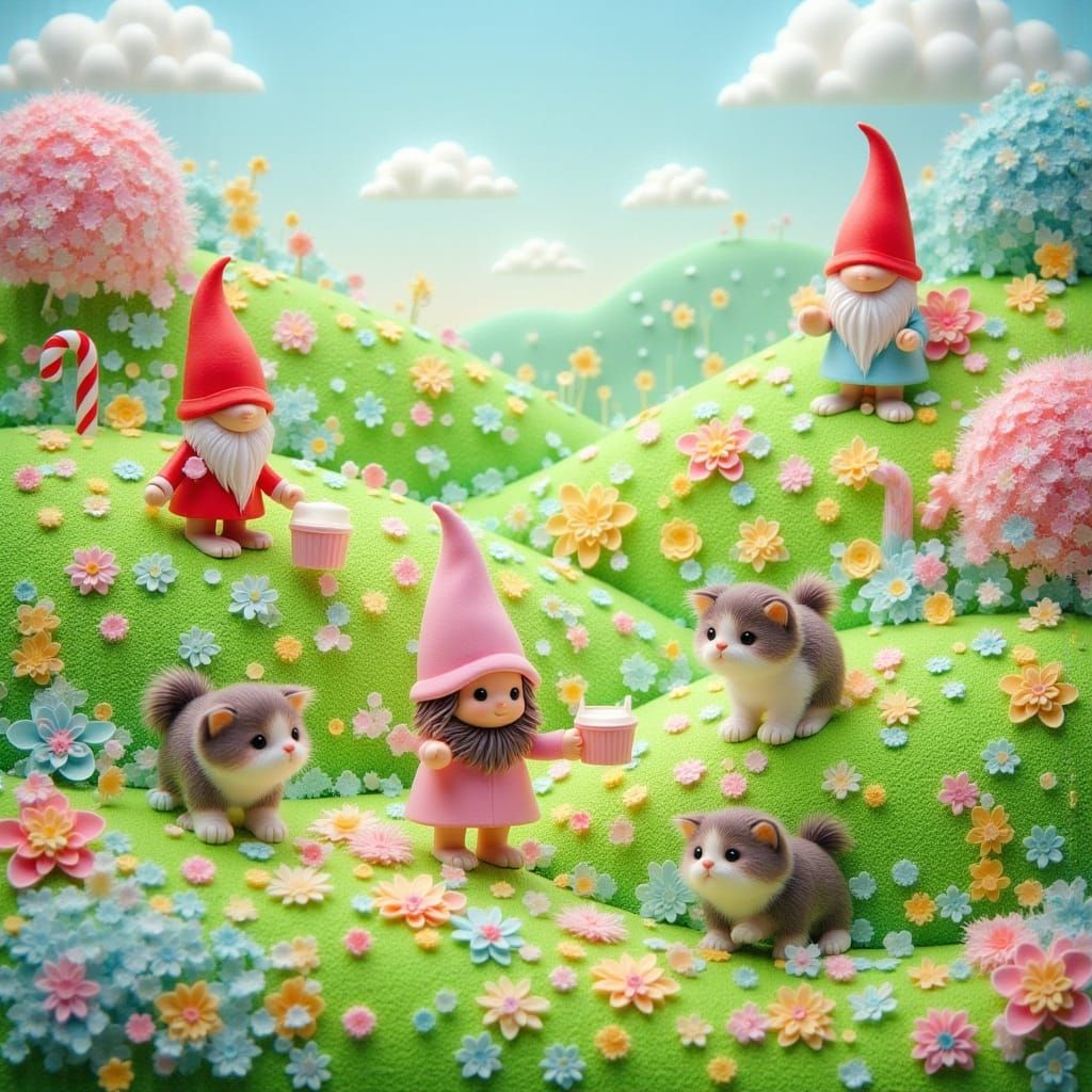Magical Candyland Landscape with Gnomes and Animals