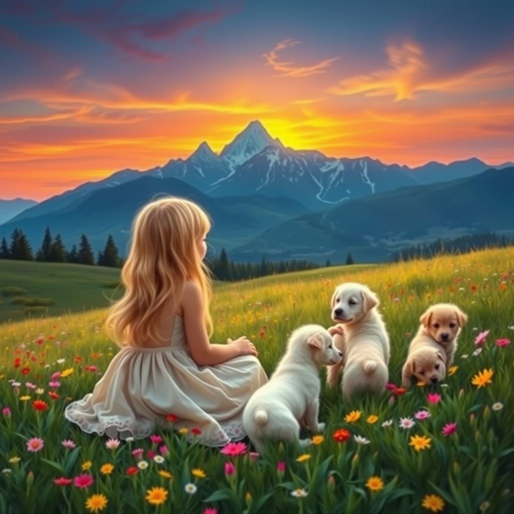 Girl with Puppies in Flower Field at Sunset