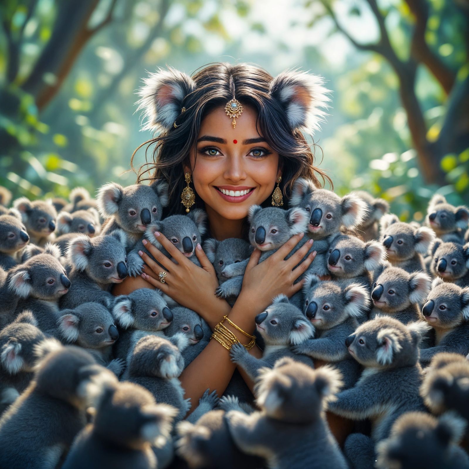 Indian Woman Hugged by Tiny Koalas in Fantasy Landscape