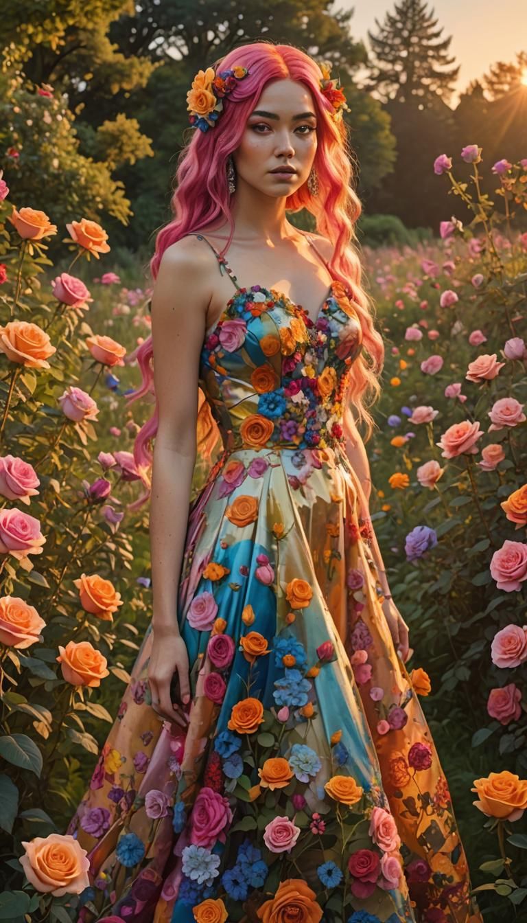 Floral Woman in Lush Meadow: Digital Art