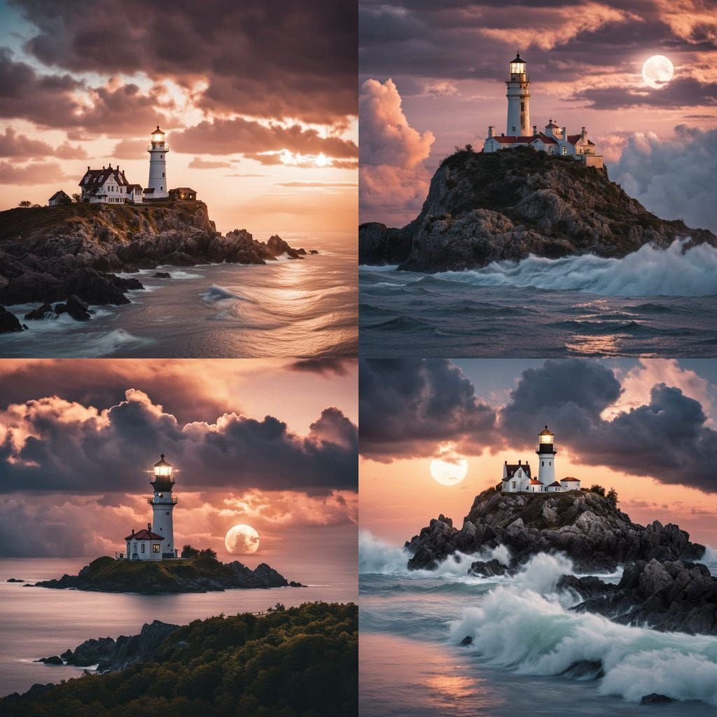 Lighthouse on Island with Moonlight Glow in Baroque Style