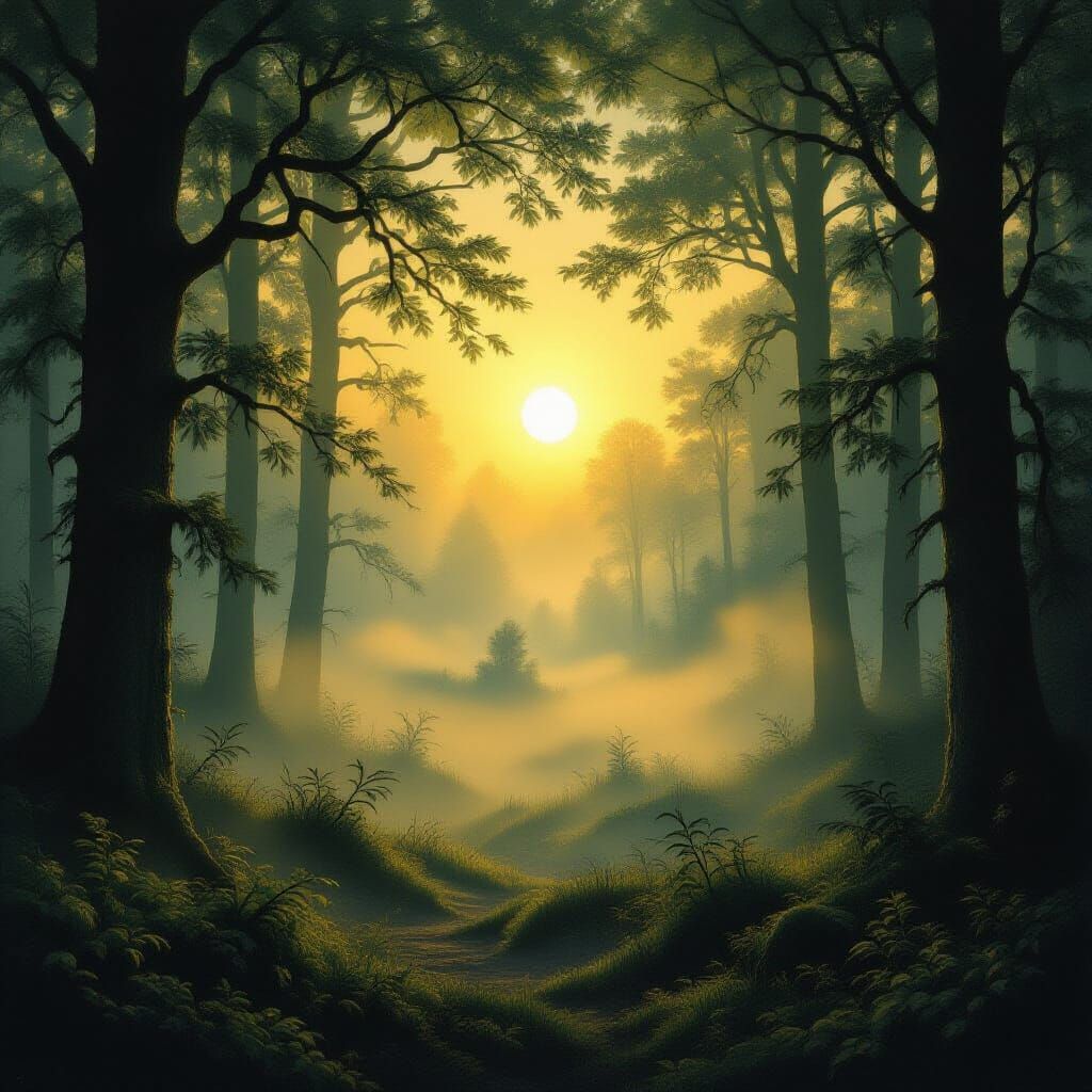Misty Forest Sunrise with Golden Light