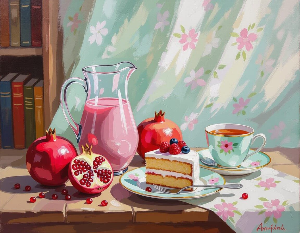 Impressionist Acrylic Still Life Painting of Pomegranate Jui...