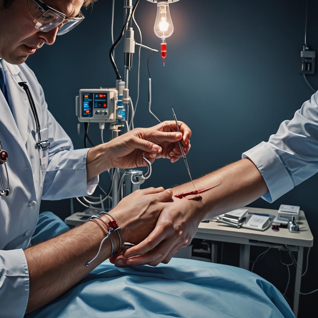 Hyper-Realistic Blood Transfusion in Dark Hospital Room