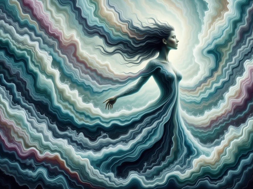 Ethereal Woman Emerges from Ocean in Fluid Art